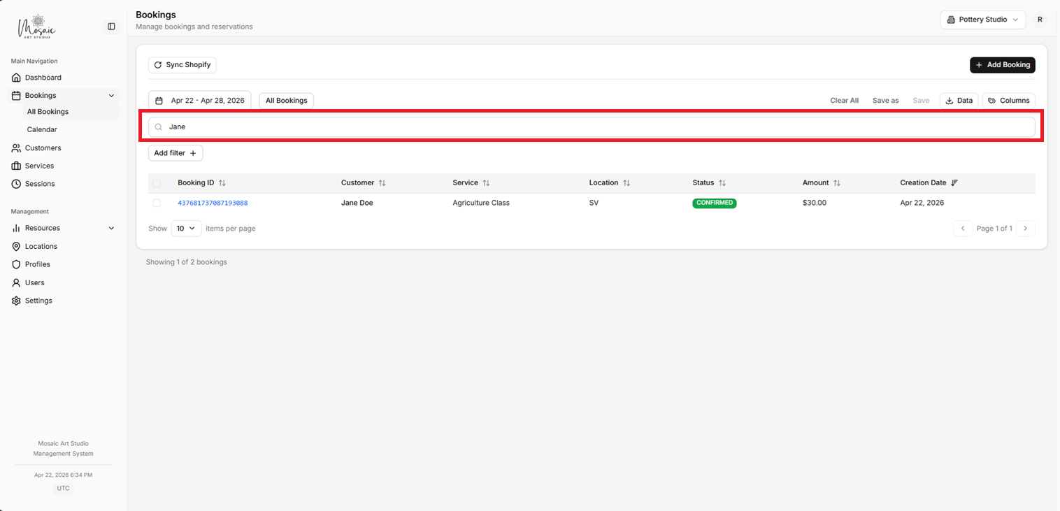 Bookings page with search bar highlighted